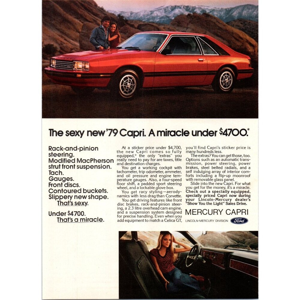 1979 Mercury Sexy New Capri Hatchback Fox Body Vintage Print Ad 70s Wall Art